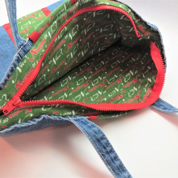 Naughty or Nice Hand-Crafted Lined Denim Zippered NEW Holiday Tote Bag - Picture 4 of 4